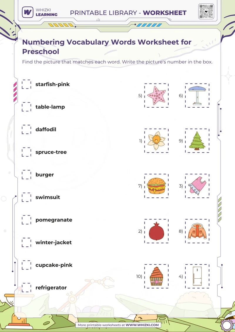 Numbering Vocabulary Words Worksheet for Preschool