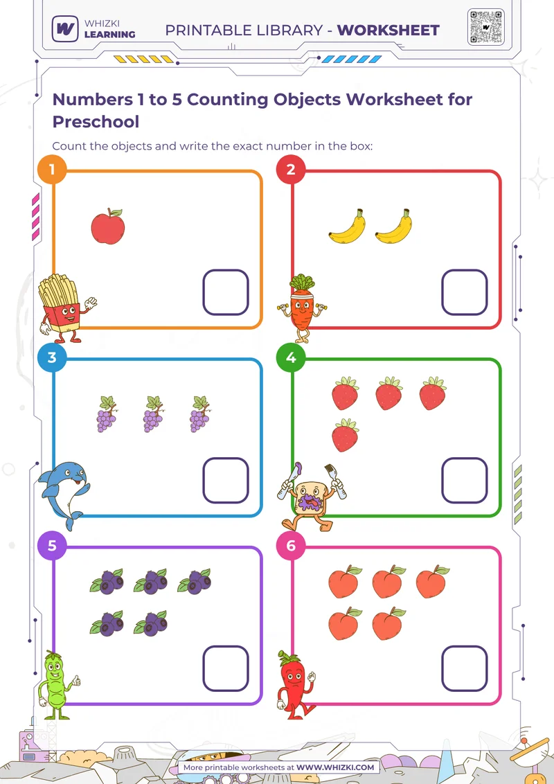 Numbers 1 to 5 Counting Objects Worksheet for Preschool