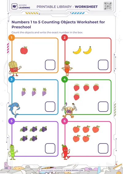 Numbers 1 to 5 Counting Objects Worksheet for Preschool