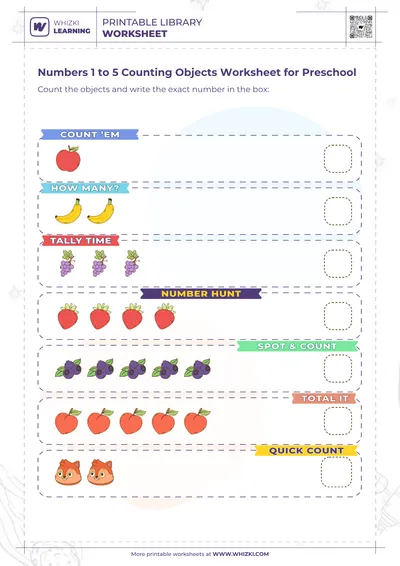 Numbers 1 to 5 Counting Objects Worksheet for Preschool