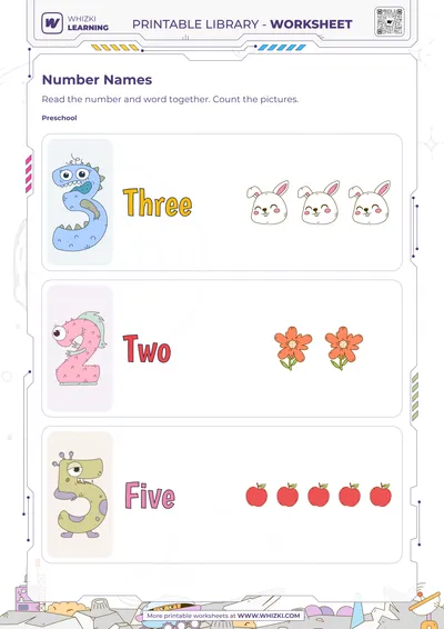 Numbers 3, 2, and 5 Reading Cards Worksheet