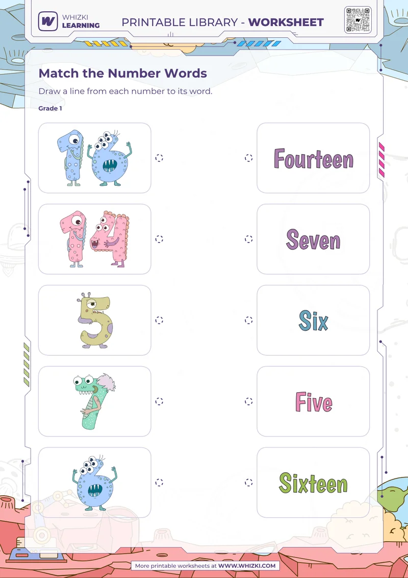 Numbers 5, 6, 7, 14, and 16 Matching Worksheet