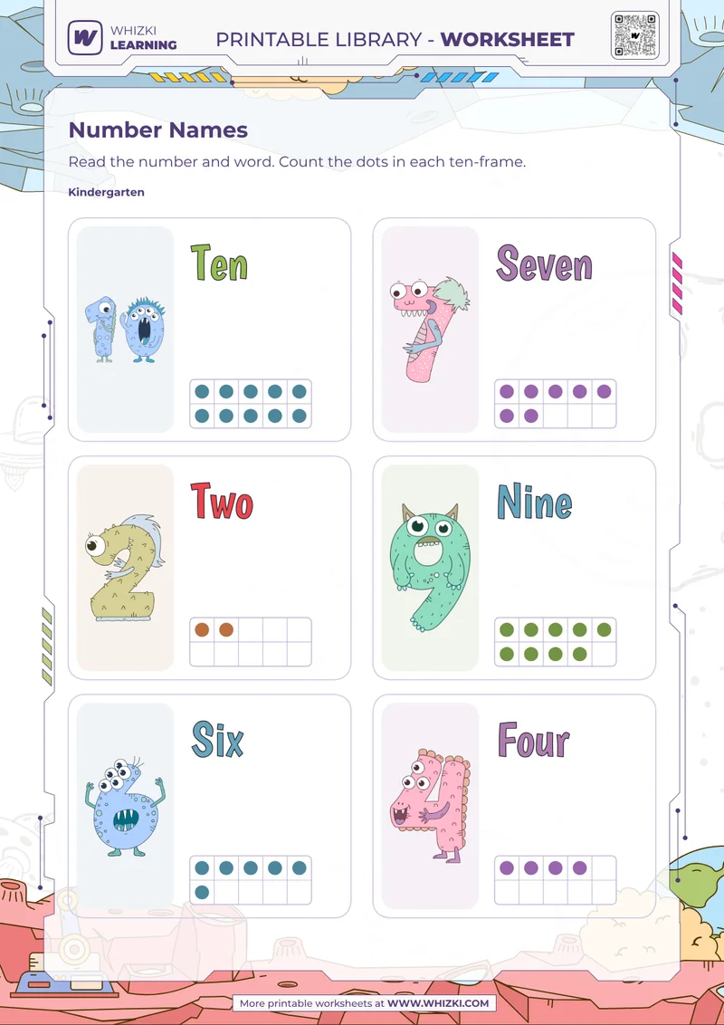 Numbers Ten, Seven, Two, Nine, Six, Four Worksheet