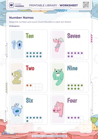 Numbers Ten, Seven, Two, Nine, Six, Four Worksheet
