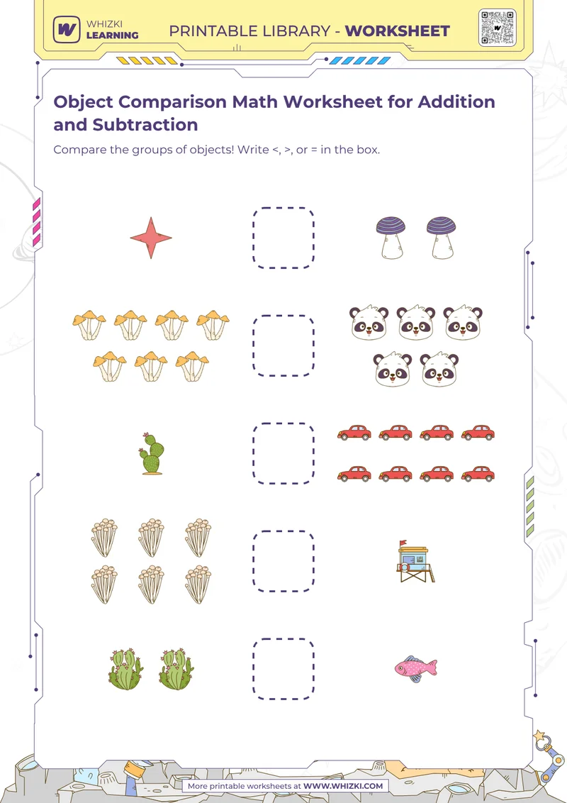 Object Comparison Math Worksheet for Addition and Subtraction
