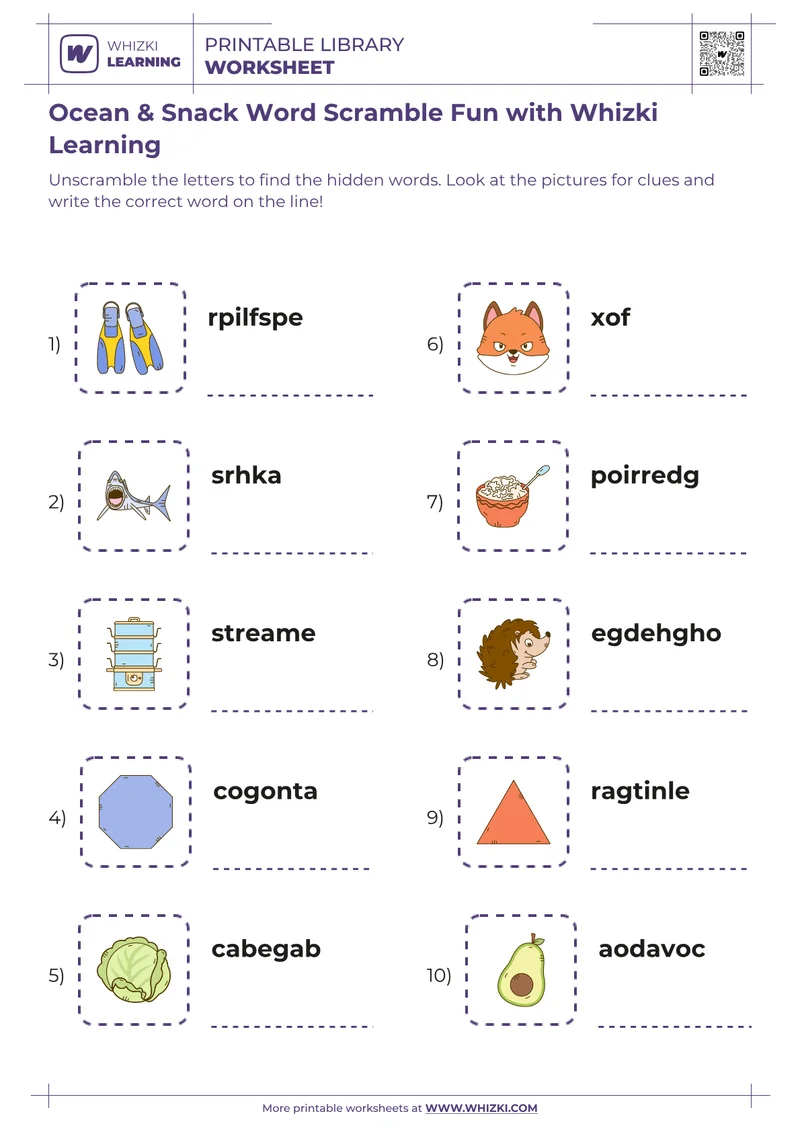 Ocean & Snack Word Scramble Fun with Whizki Learning