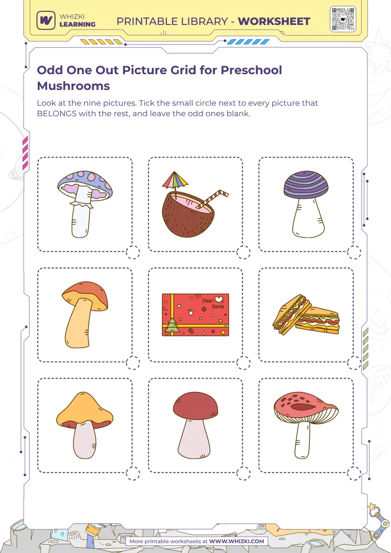 Odd One Out Picture Grid for Preschool Mushrooms