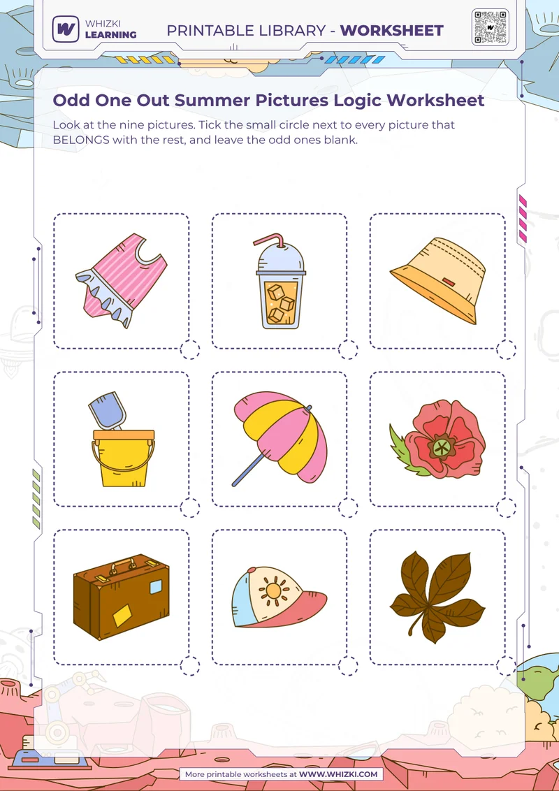 Odd One Out Summer Pictures Logic Worksheet
