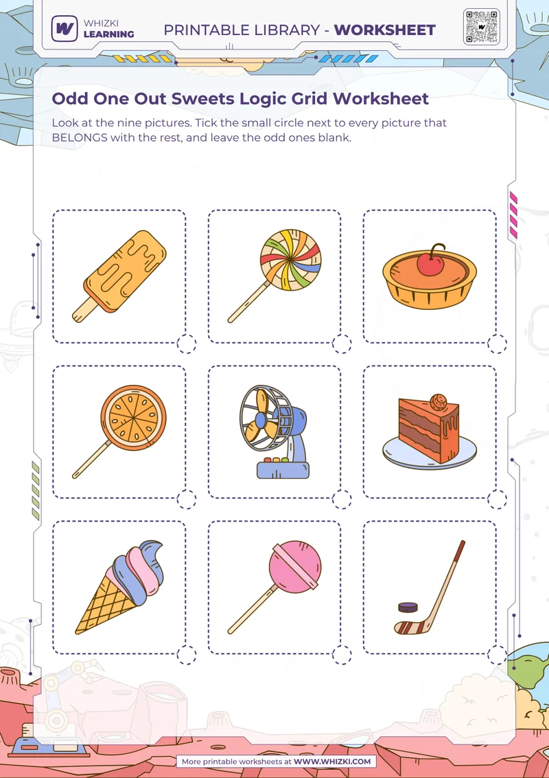 Odd One Out Sweets Logic Grid Worksheet