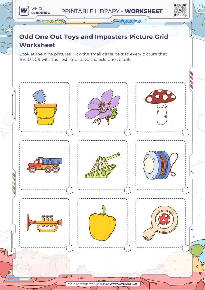 Odd One Out Toys and Imposters Picture Grid Worksheet