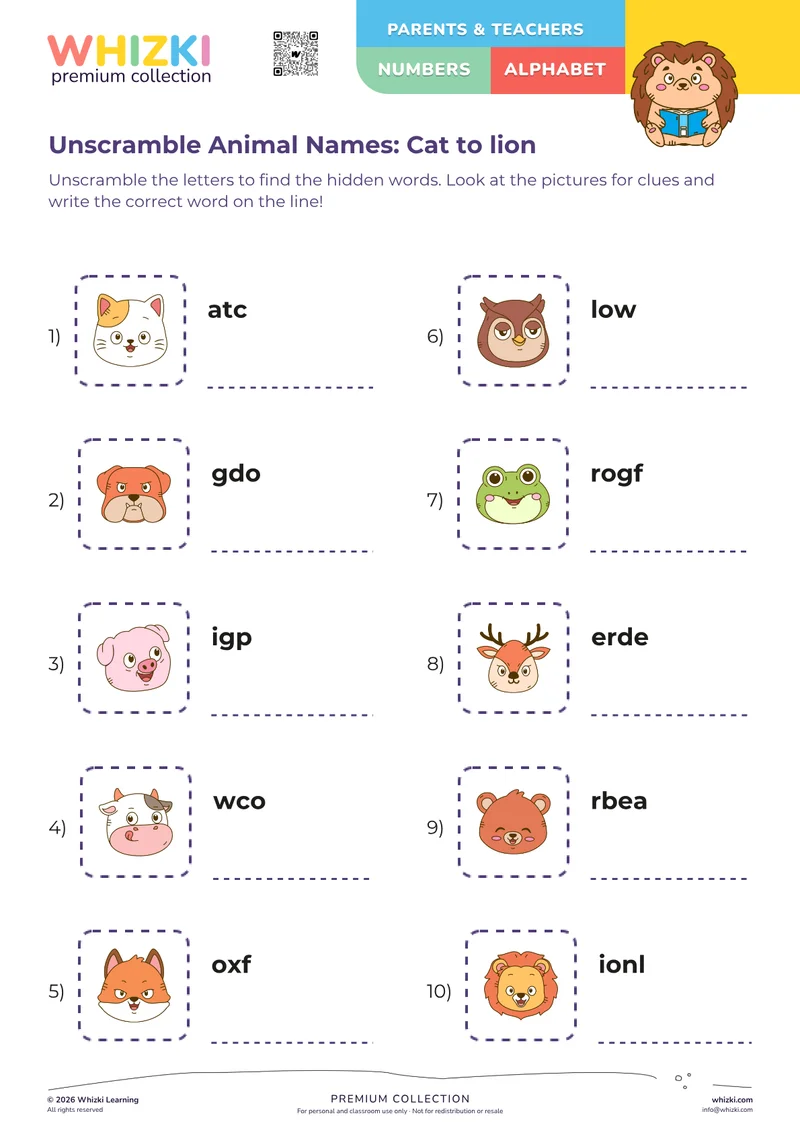 Unscramble Animal Names: Cat to lion