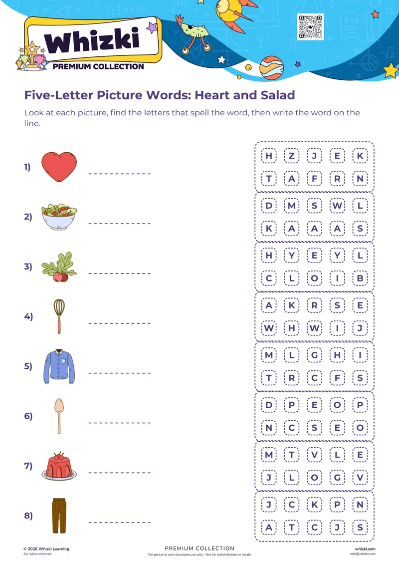 Five-Letter Picture Words: Heart and Salad