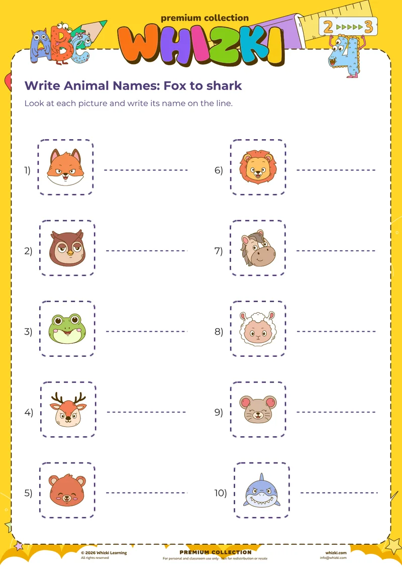 Write Animal Names: Fox to shark
