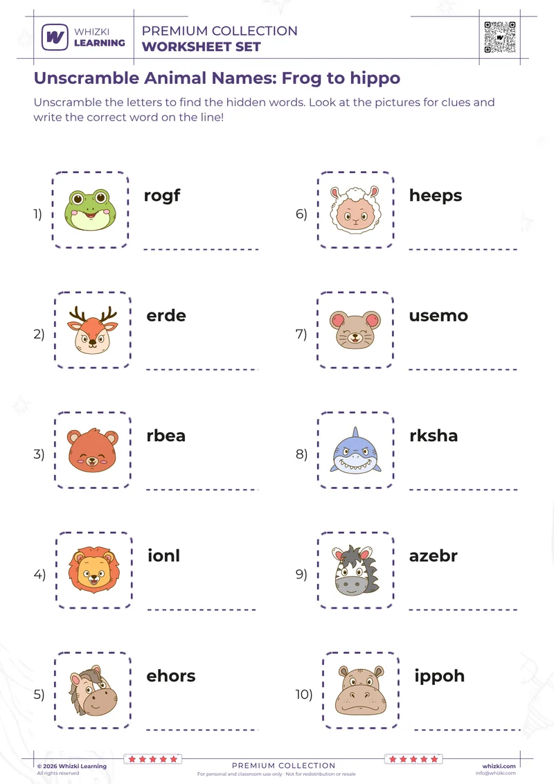 Unscramble Animal Names: Frog to hippo