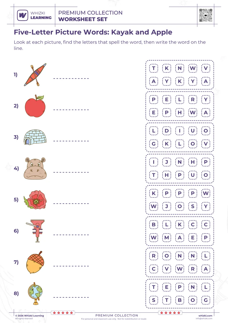 Five-Letter Picture Words: Kayak and Apple