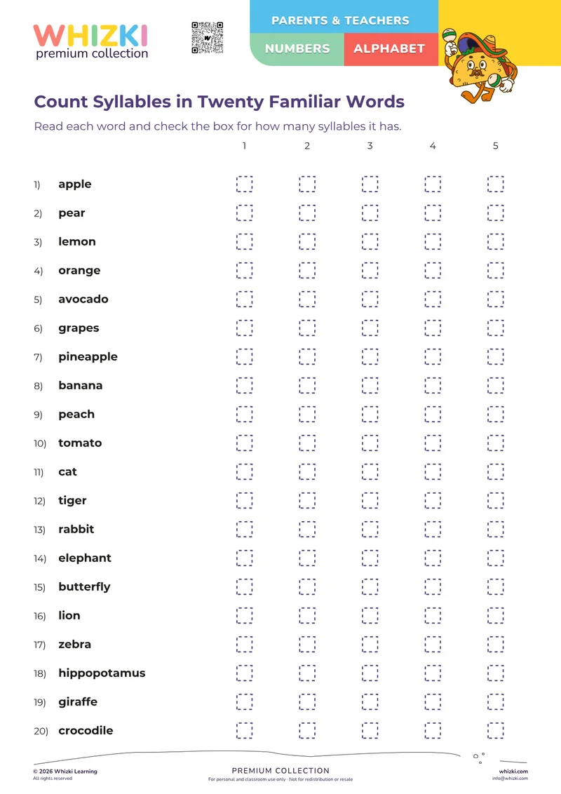 Count Syllables in Twenty Familiar Words