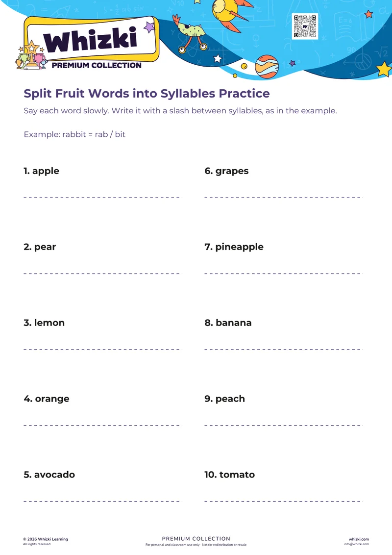 Split Fruit Words into Syllables Practice