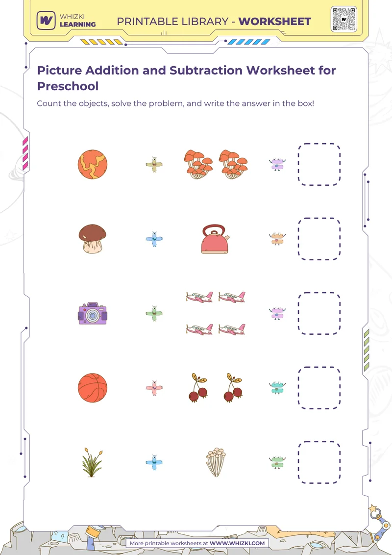 Picture Addition and Subtraction Worksheet for Preschool