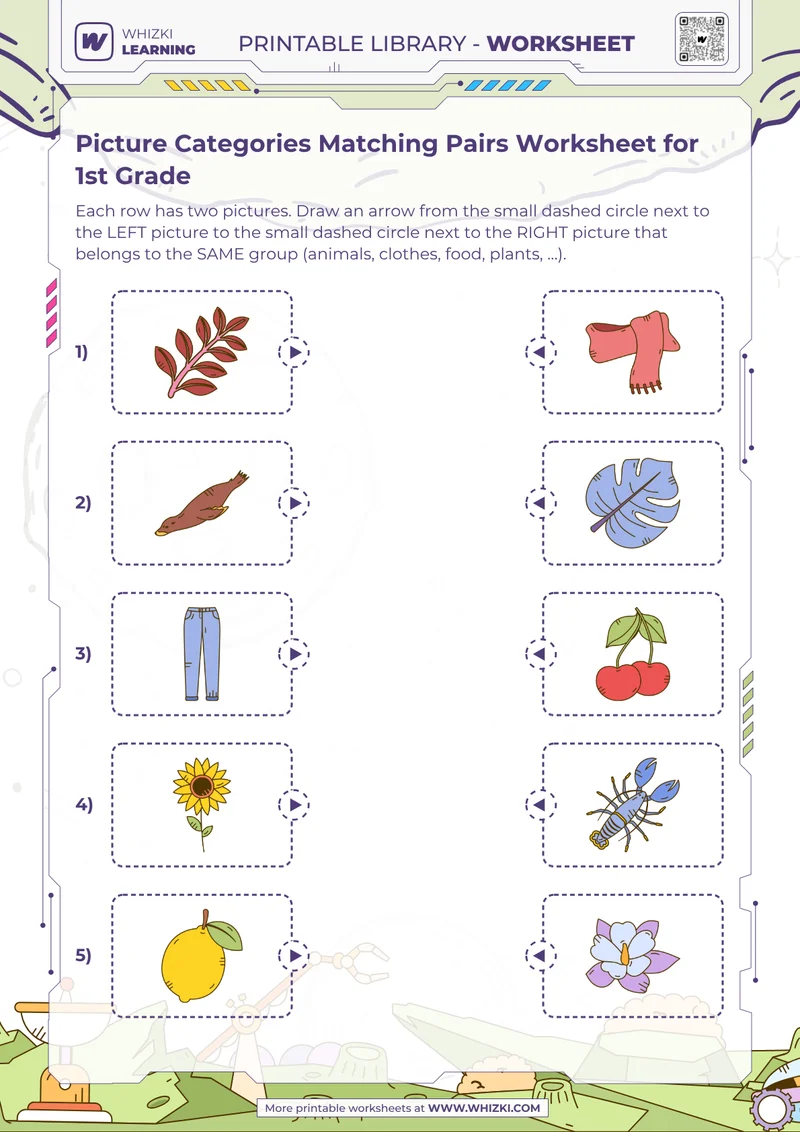 Picture Categories Matching Pairs Worksheet for 1st Grade