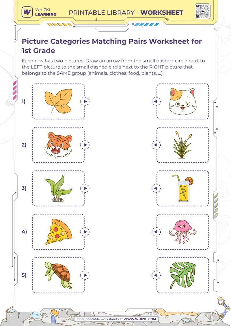 Picture Categories Matching Pairs Worksheet for 1st Grade