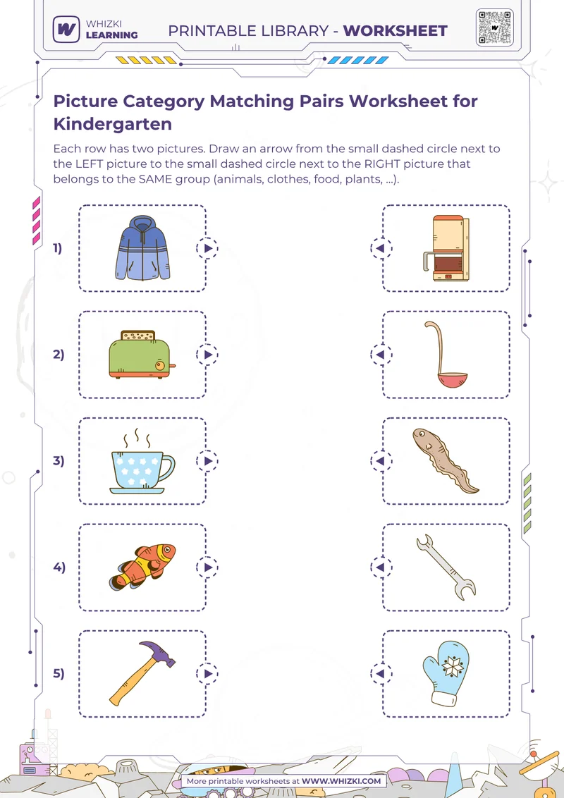 Picture Category Matching Pairs Worksheet for Kindergarten