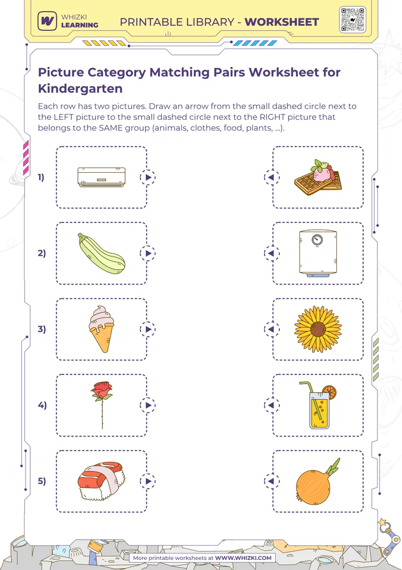 Picture Category Matching Pairs Worksheet for Kindergarten