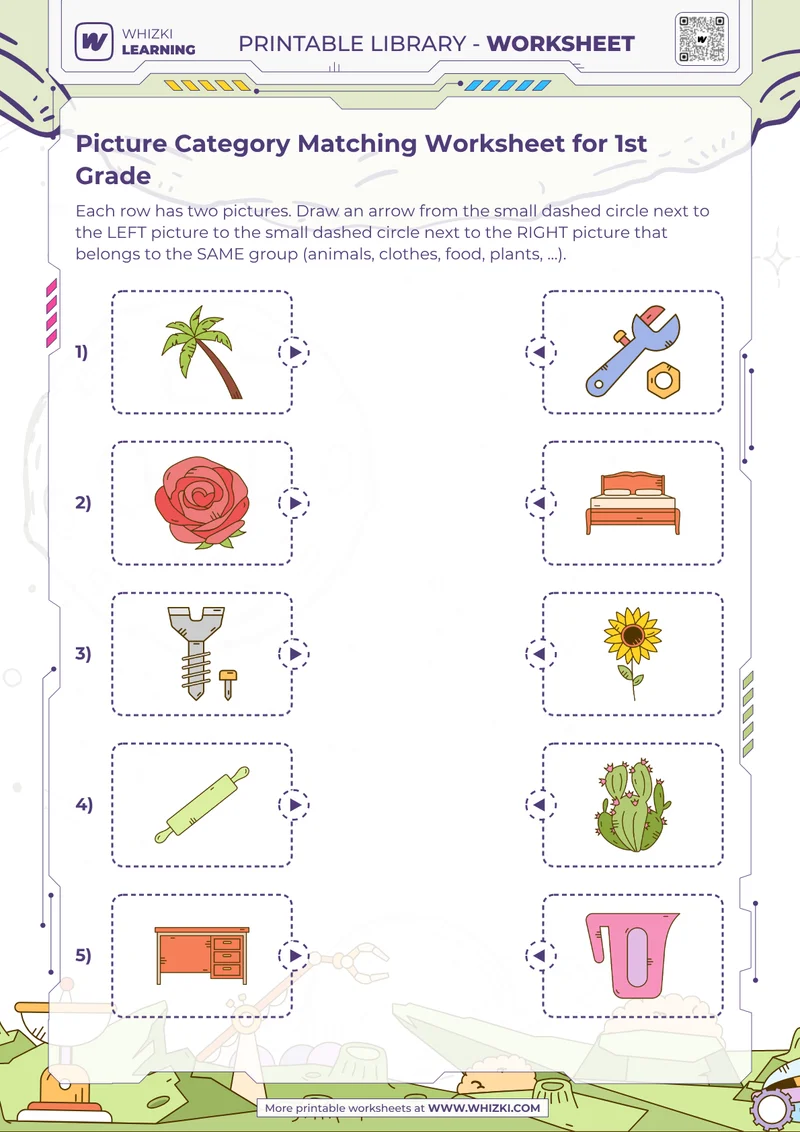 Picture Category Matching Worksheet for 1st Grade
