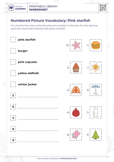 Numbered Picture Vocabulary: Pink starfish