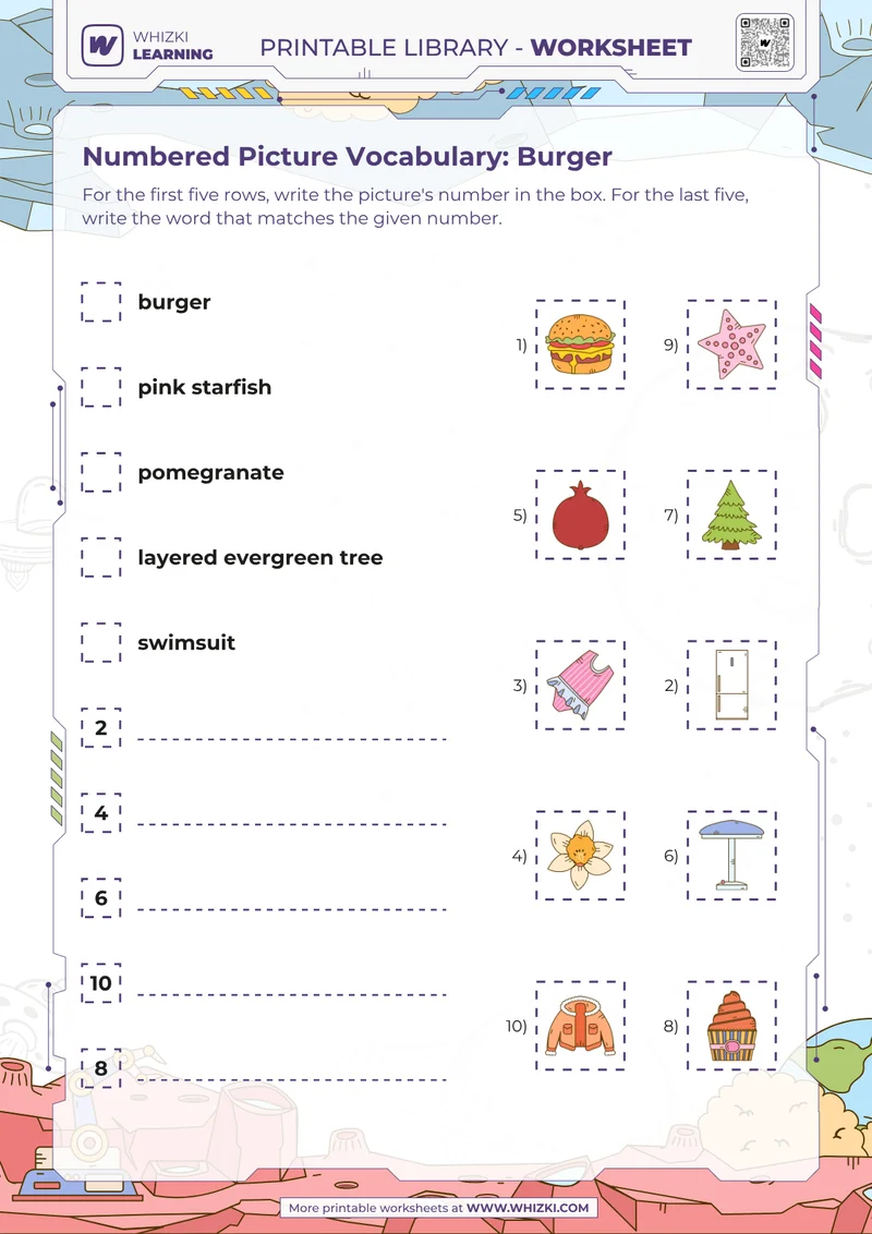 Numbered Picture Vocabulary: Burger