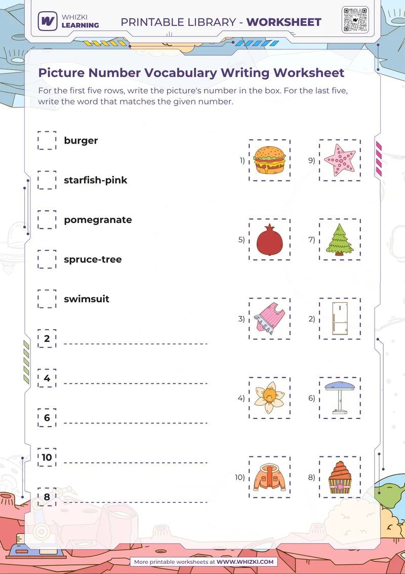 Picture Number Vocabulary Writing Worksheet