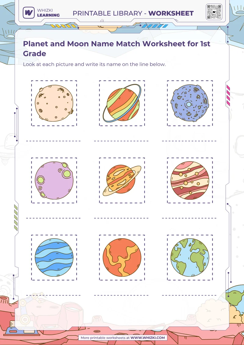 Planet and Moon Name Match Worksheet for 1st Grade