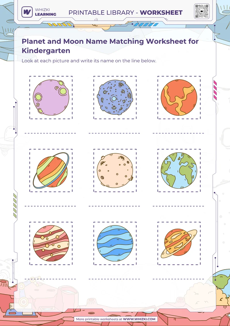 Planet and Moon Name Matching Worksheet for Kindergarten