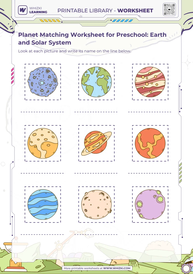 Planet Matching Worksheet for Preschool: Earth and Solar System