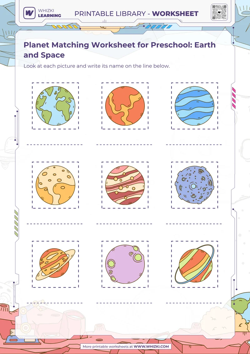Planet Matching Worksheet for Preschool: Earth and Space