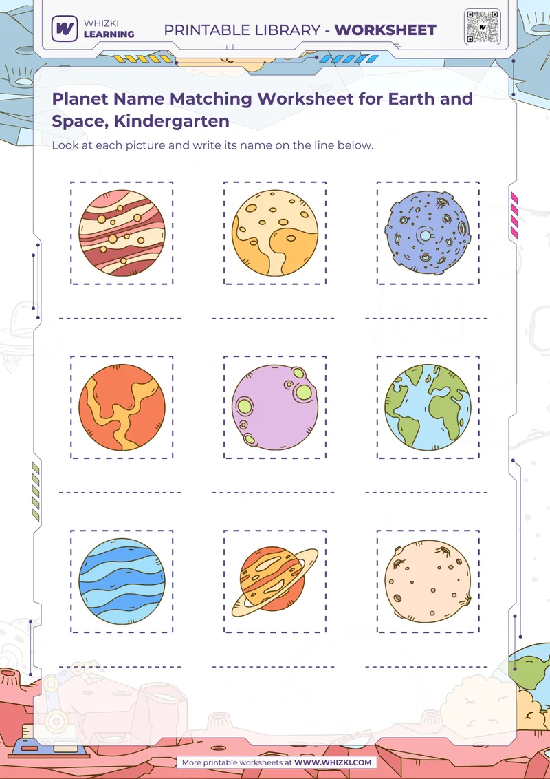 Planet Name Matching Worksheet for Earth and Space, Kindergarten