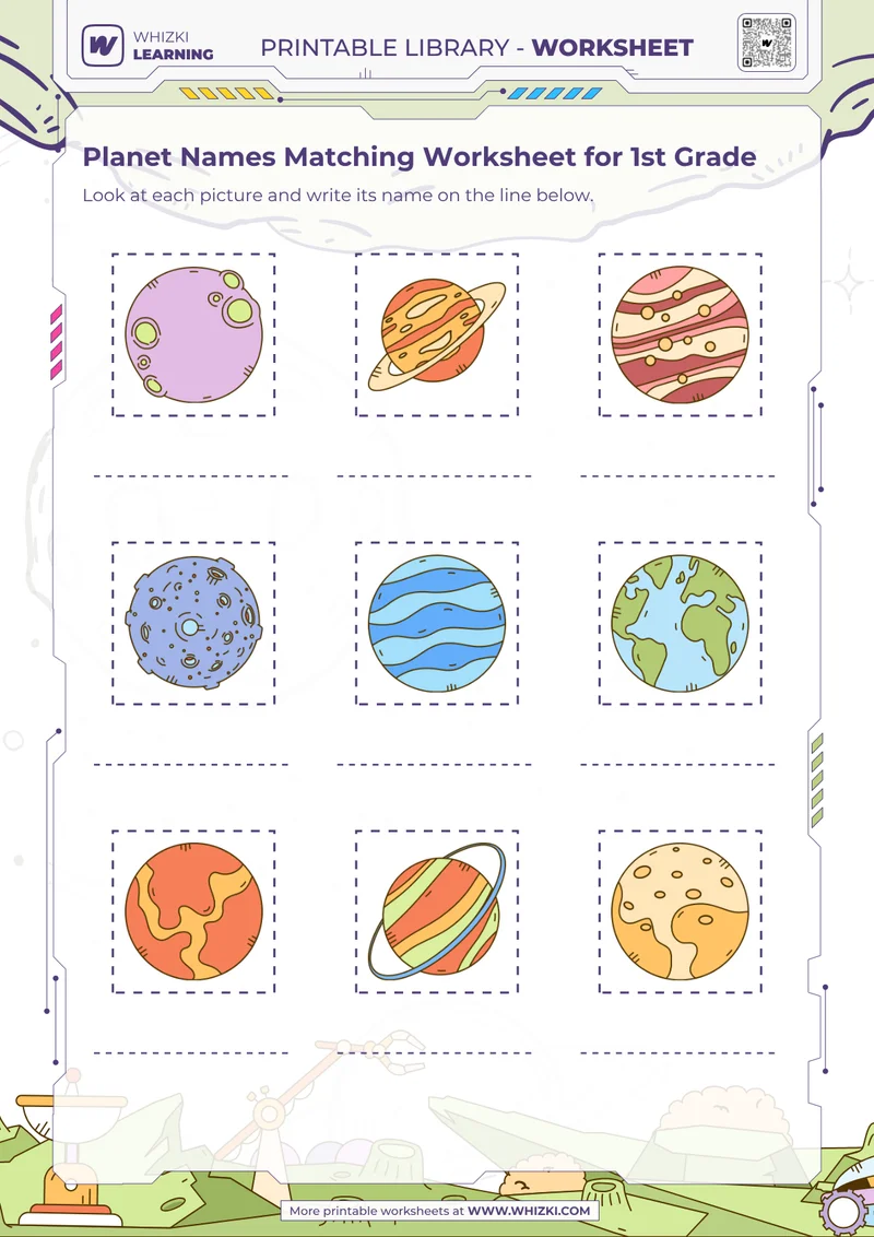 Planet Names Matching Worksheet for 1st Grade