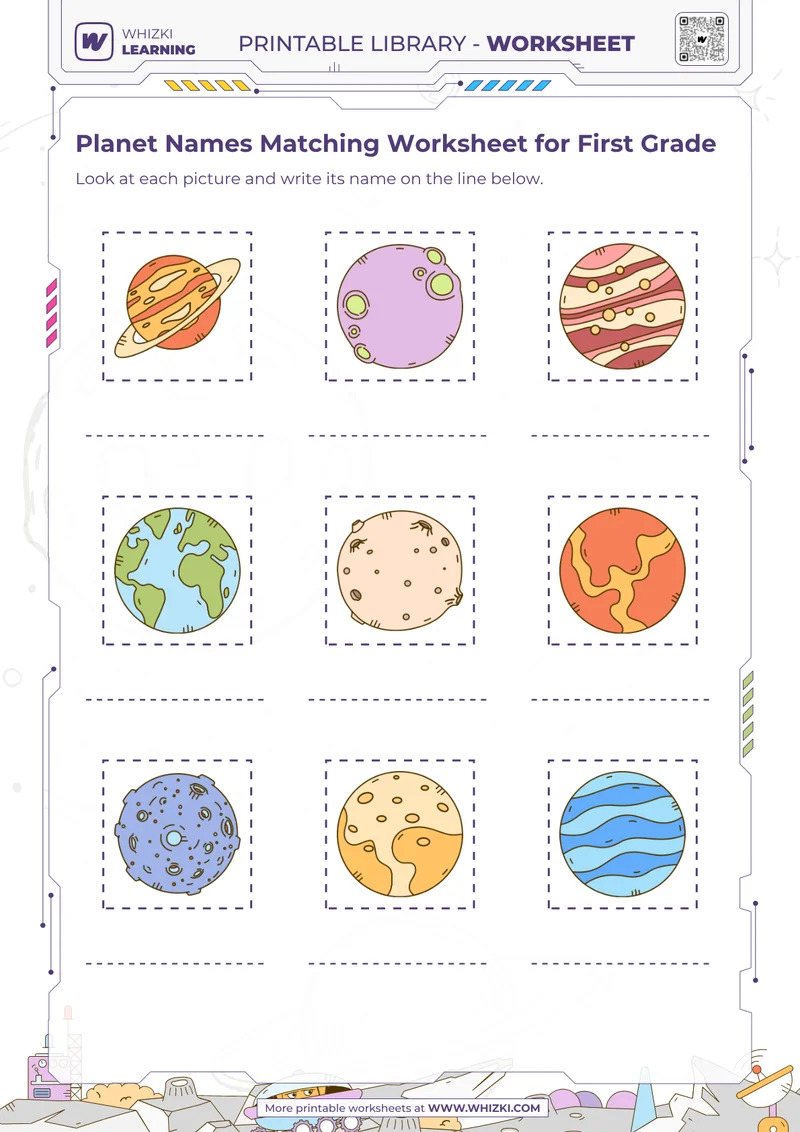 Planet Names Matching Worksheet for First Grade