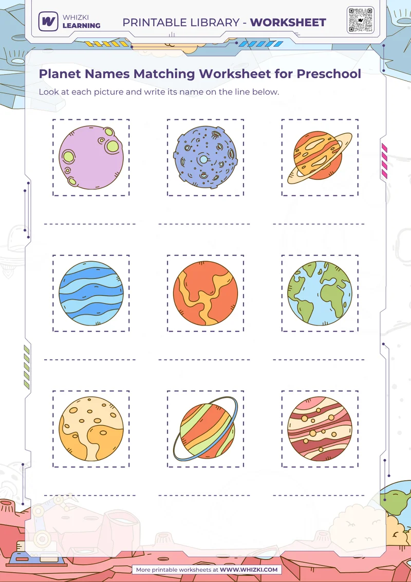 Planet Names Matching Worksheet for Preschool