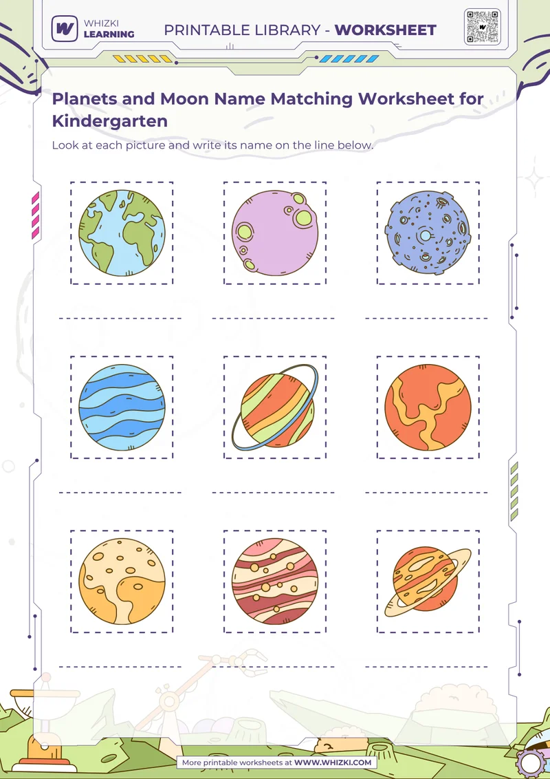 Planets and Moon Name Matching Worksheet for Kindergarten