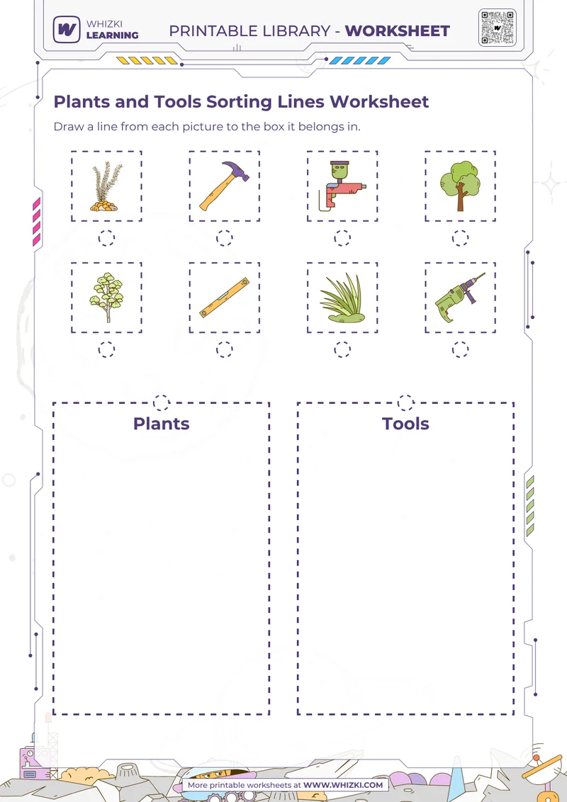 Plants and Tools Sorting Lines Worksheet