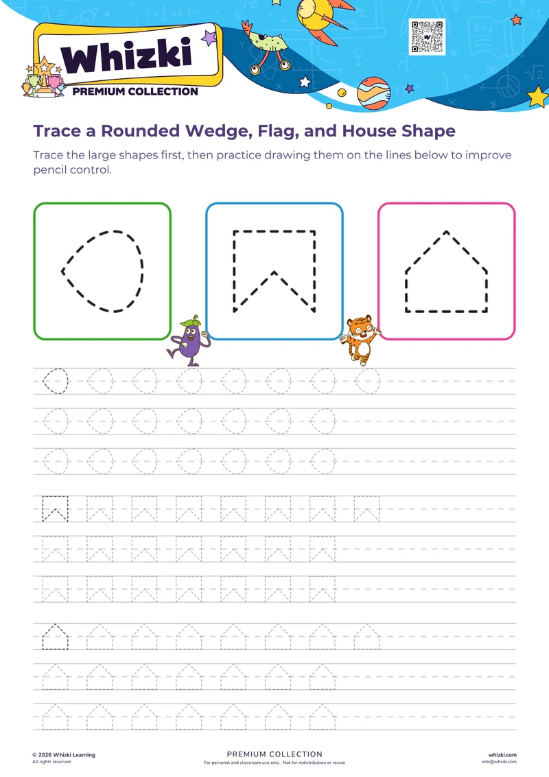 Trace a Rounded Wedge, Flag, and House Shape