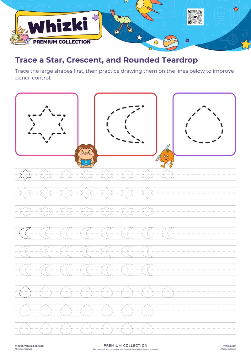 Trace a Star, Crescent, and Rounded Teardrop