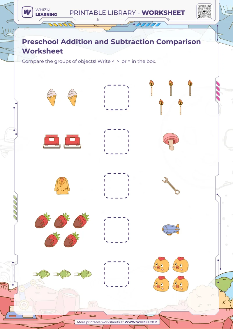 Preschool Addition and Subtraction Comparison Worksheet