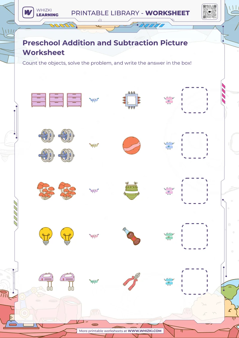 Preschool Addition and Subtraction Picture Worksheet