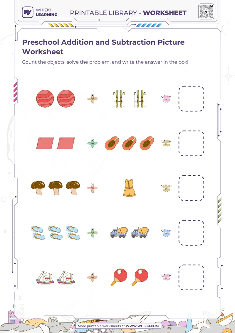 Preschool Addition and Subtraction Picture Worksheet