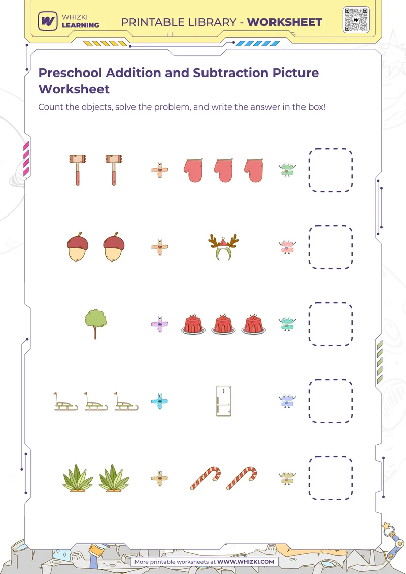 Preschool Addition and Subtraction Picture Worksheet