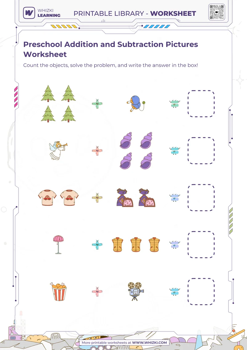 Preschool Addition and Subtraction Pictures Worksheet