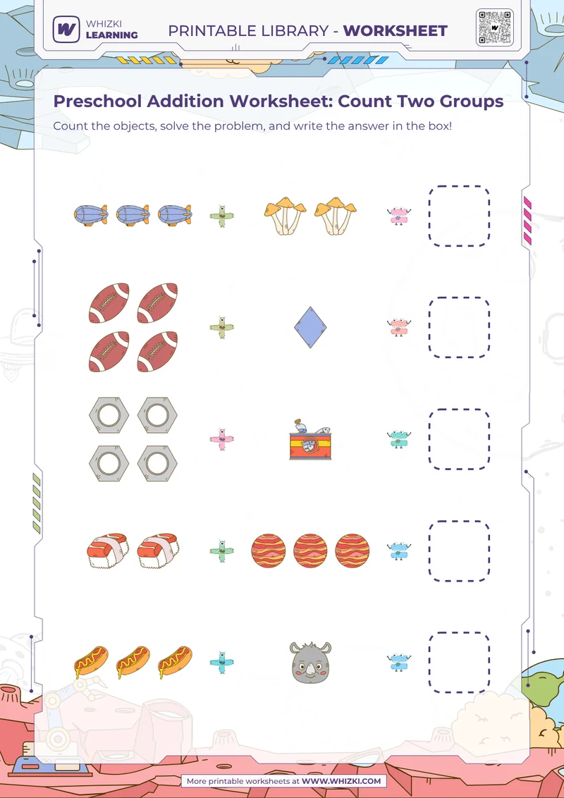 Preschool Addition Worksheet: Count Two Groups