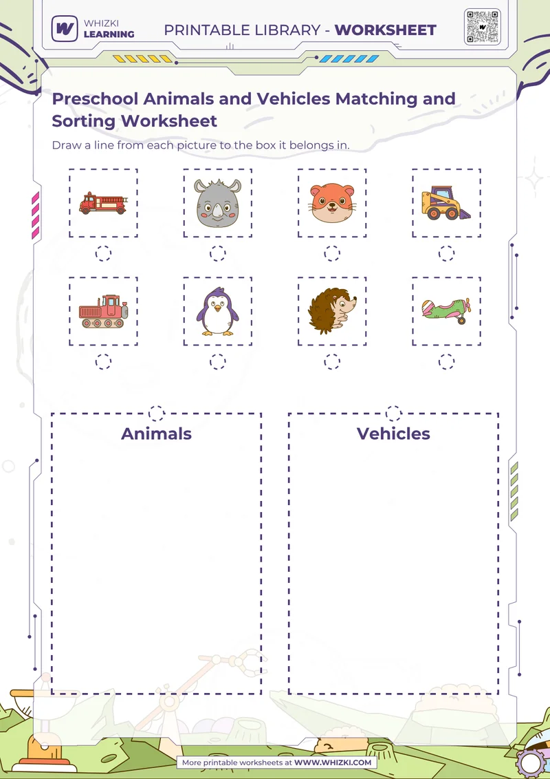 Preschool Animals and Vehicles Matching and Sorting Worksheet