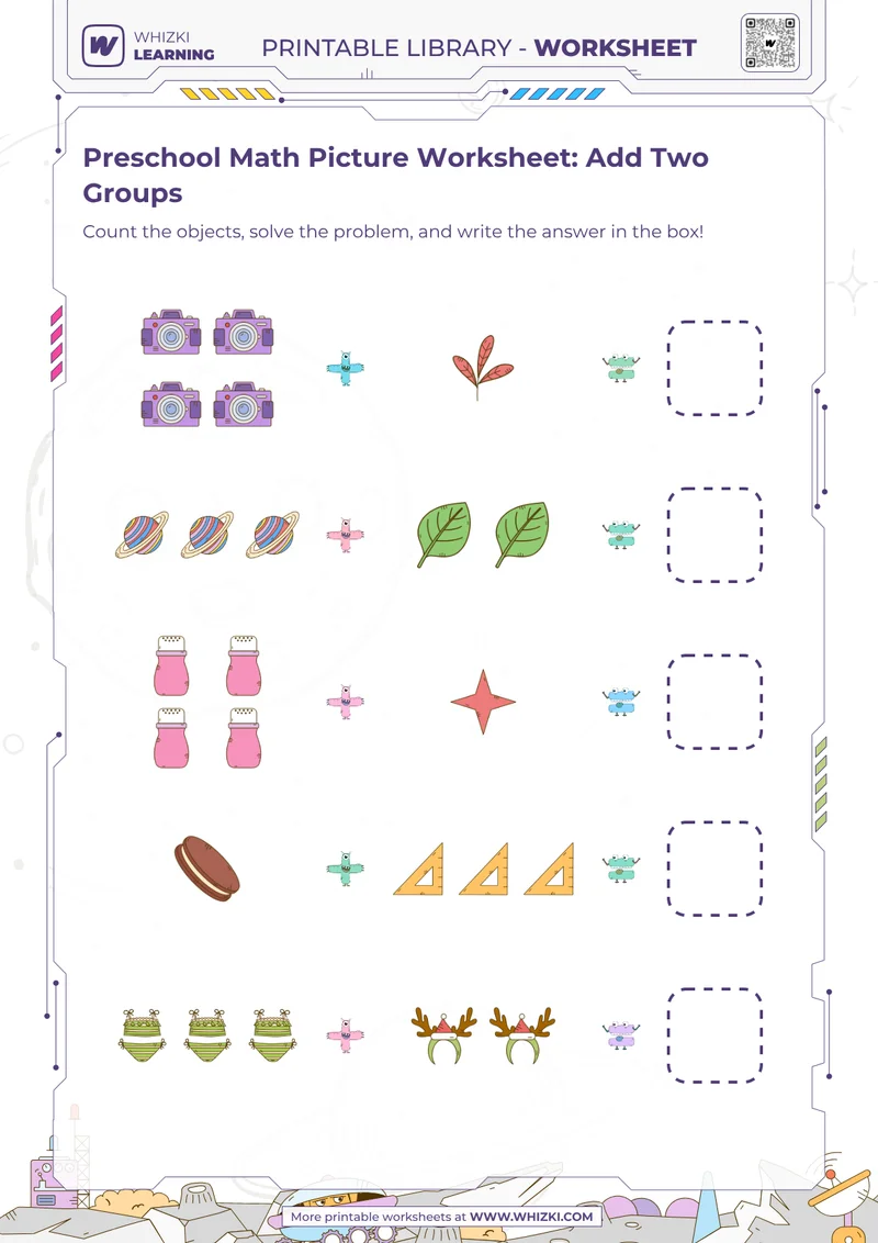 Preschool Math Picture Worksheet: Add Two Groups